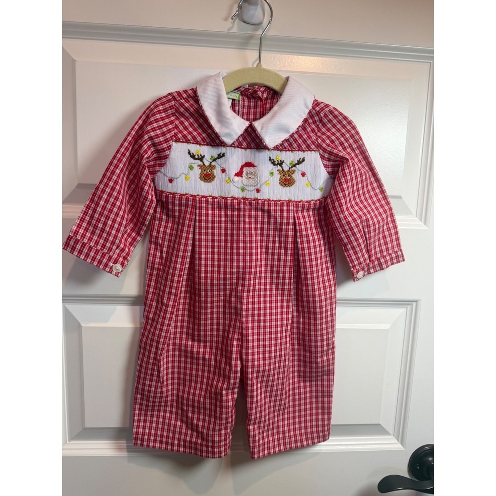 Little Threads Red Gingham Smocked Christmas Santa Reindeer Romper 9M